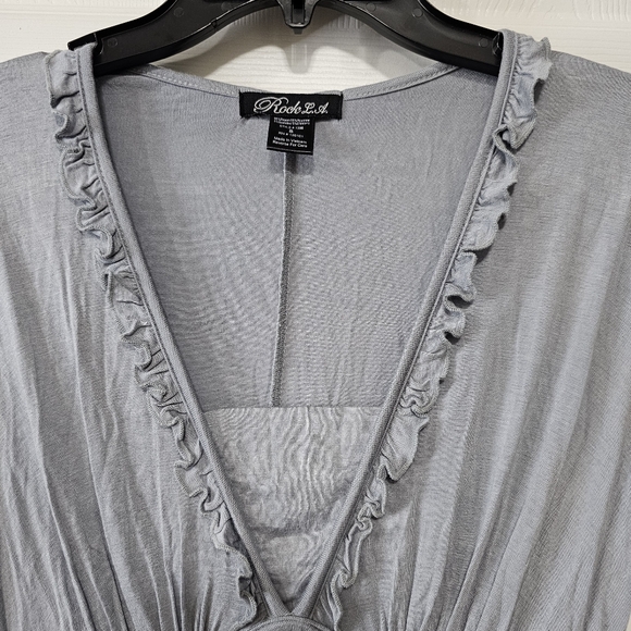 Rock L.A Women's Small, Gray Soft Dress, front V Neck with Ruffles, Tie Back - Picture 5 of 6